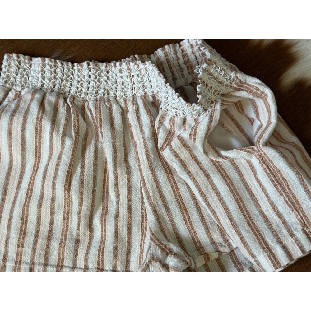 Linen White Beige Pink Striped Smocked Waist Shorts Boho Summer Beach Casual Sm - Picture 4 of 8